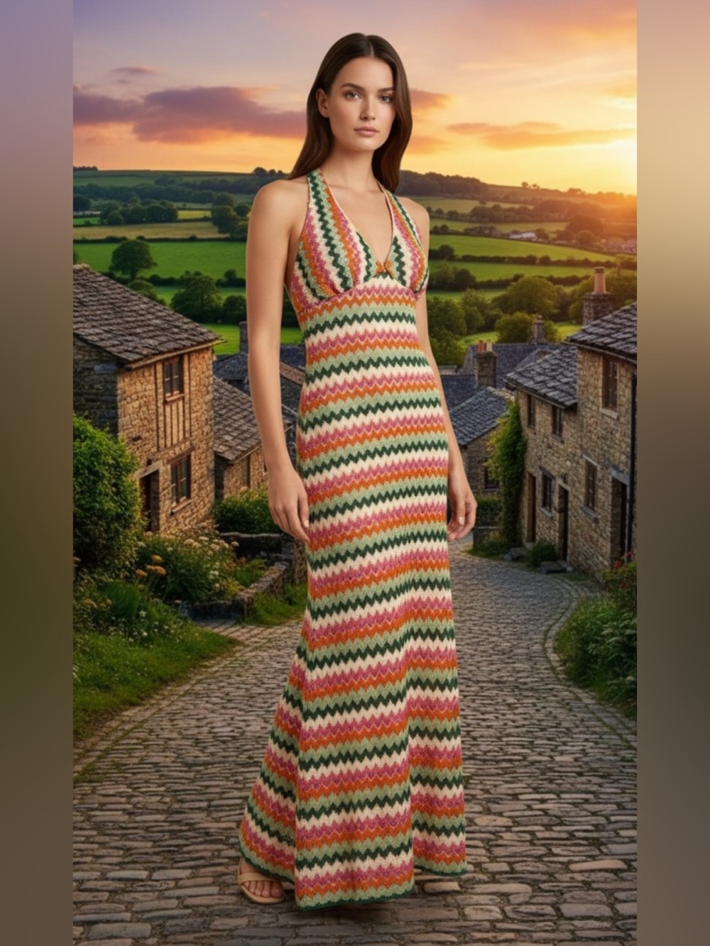 Multicolor Chevron Halter Maxi Dress